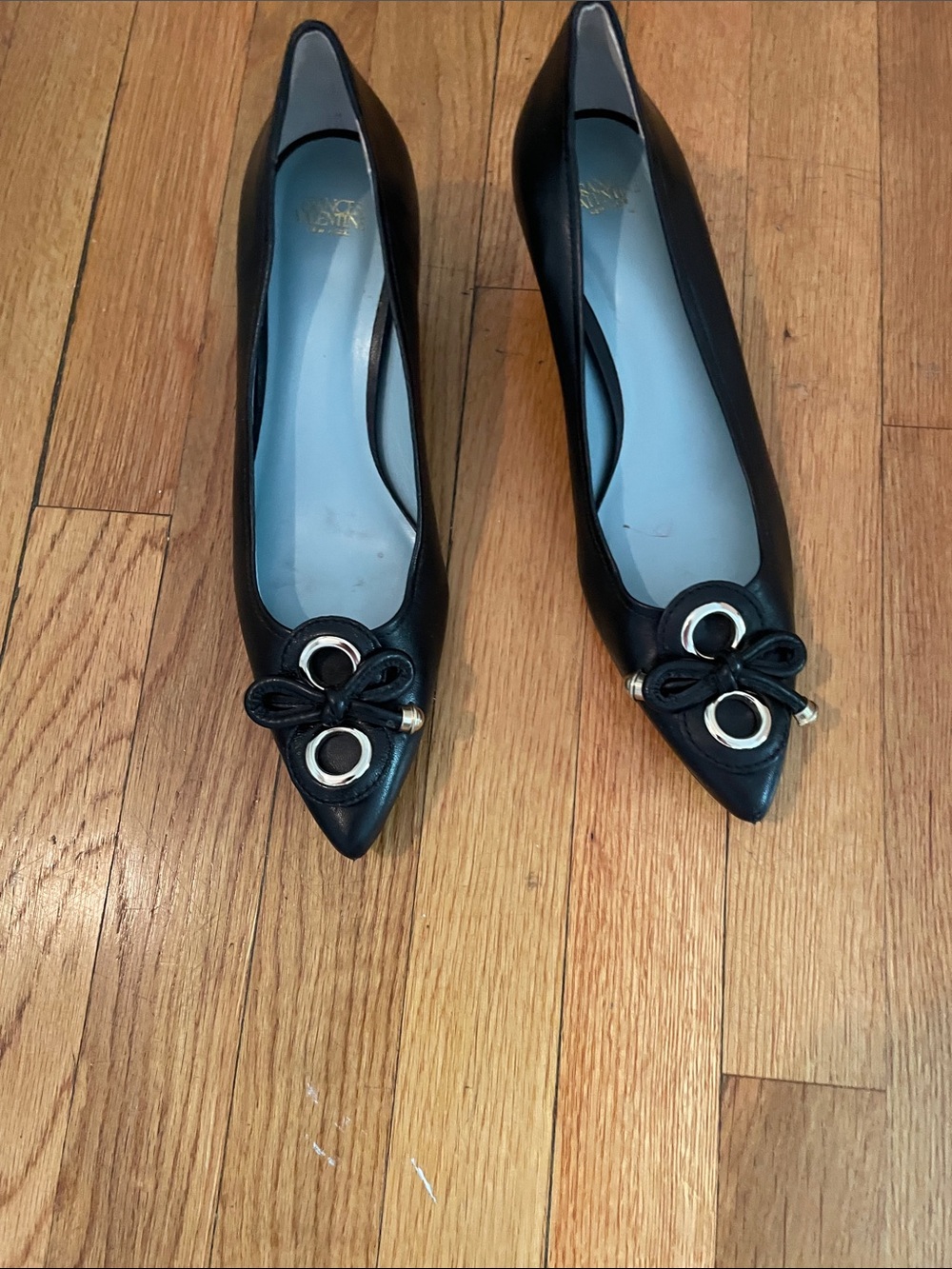 Frances Valentine Black Pointed Toe Flats with Bow & Grommet Detail